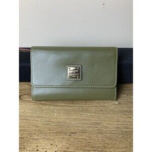 Dooney & Bourke Smooth Leather Wallet Tri Fold Olive Green Red Accents